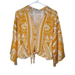 C&C California Top LARGE Yellow Tie Front Button Up Beach Sun Kimono Linen